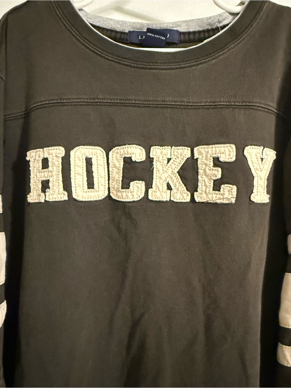 Lands' End Layered-Look 'HOCKEY' Long Sleeve Shirt in Black, Gray & Cream - Picture 3 of 4